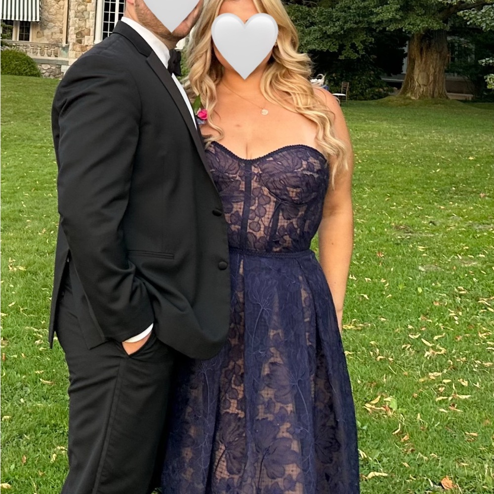 NADINE MERABI Strapless Navy Lace Dress